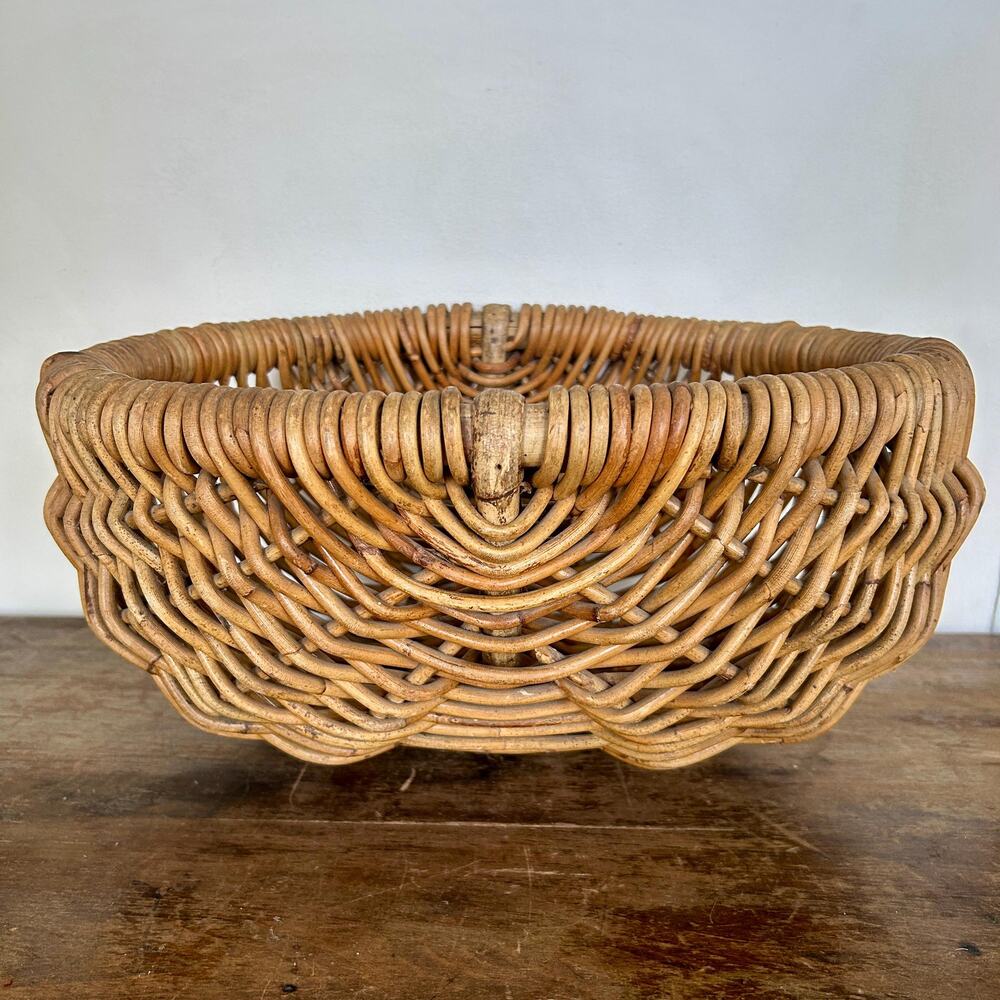 Vintage Handwoven Rattan Buttocks Basket | Rustic Wicker Storage | Cottagecore